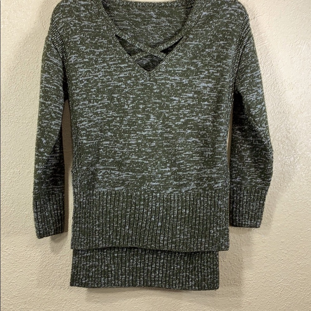 Sweater Green Gray S High & Low Small S Stretchy Pullover Long Sleeve Polyester
